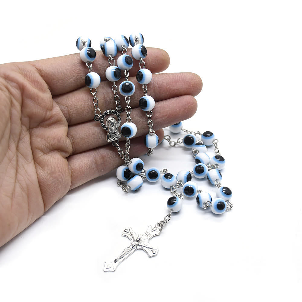 Collana rosario con ciondolo a croce con occhio maligno nero e bianco Olivenorma