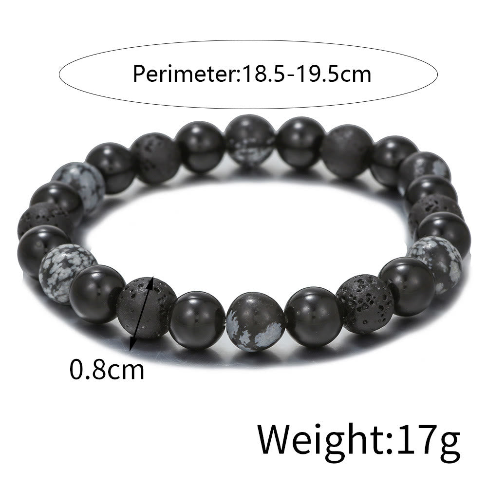 Bracciale da uomo con perline in pietra lavica, ossidiana e fiocco di neve di onice nero Olivenorma