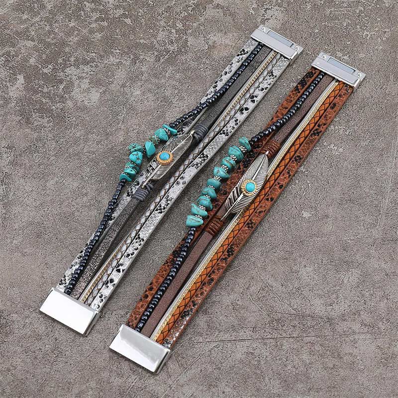 Olivenorma Bracciale in pelle multistrato turchese vintage marrone 