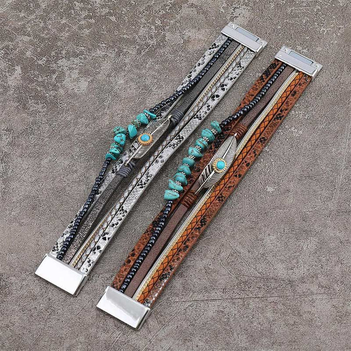 Olivenorma Bracciale in pelle multistrato turchese vintage marrone 