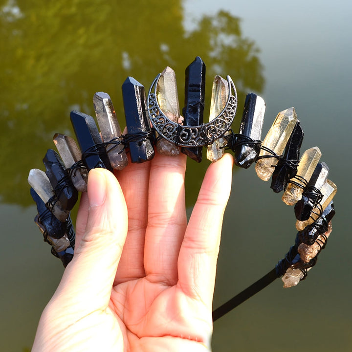 Cerchietto per capelli in quarzo ialino Olivenorma con corona di cristallo e luna in ossidiana