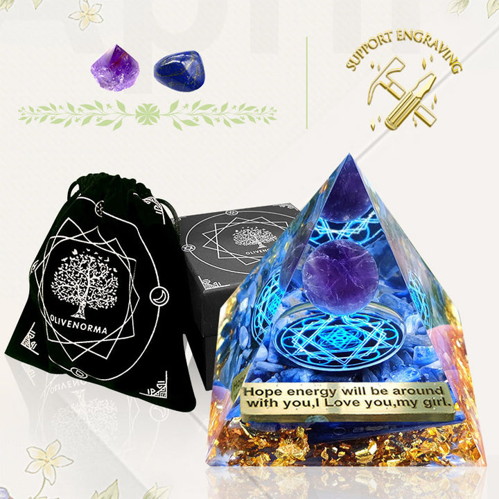Piramide di Orgone con Cianite Olivenorma e Sfera di Ametista
