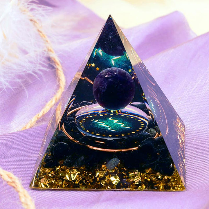 Sfera di ametista Olivenorma con piramide di orgone dello zodiaco Acquario in ossidiana 