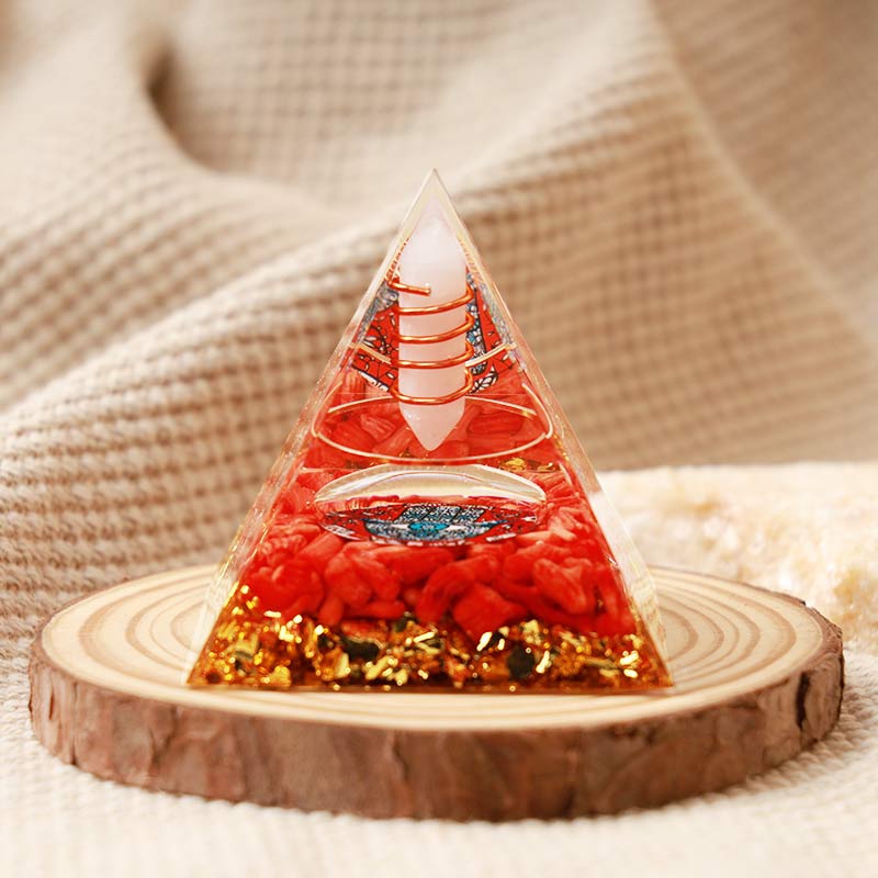 Olivenorma Opale con Corallo Rosso Hamsa Orgone Piramide 