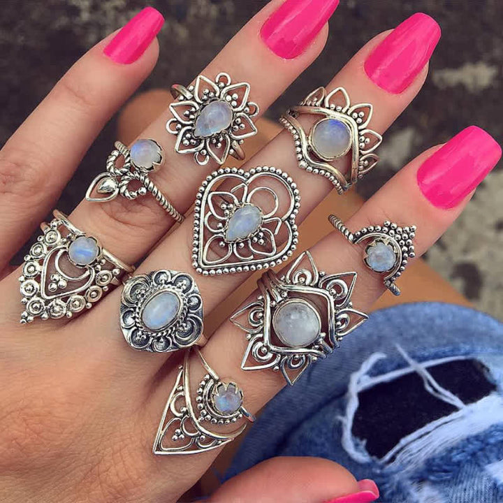 Olivenorma Vintage Moonstone - Set di anelli da 9 pezzi