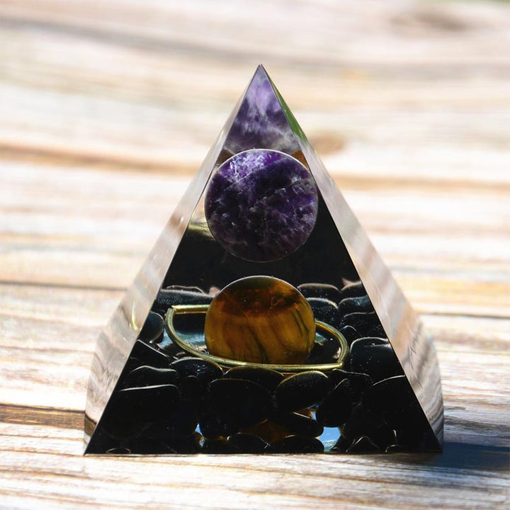 Sfera di ametista Olivenorma con piramide di orgone in ossidiana occhio di tigre 