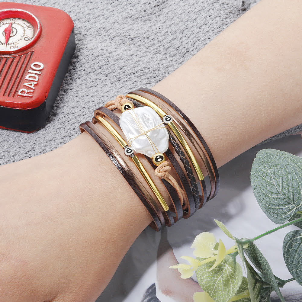 Bracciale in pelle intrecciata con perle d'acqua dolce naturale Olivenorma