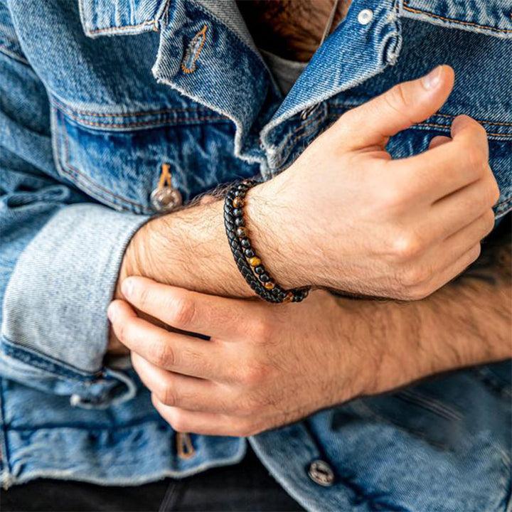 Bracciale in pelle intrecciata con occhio di tigre da uomo