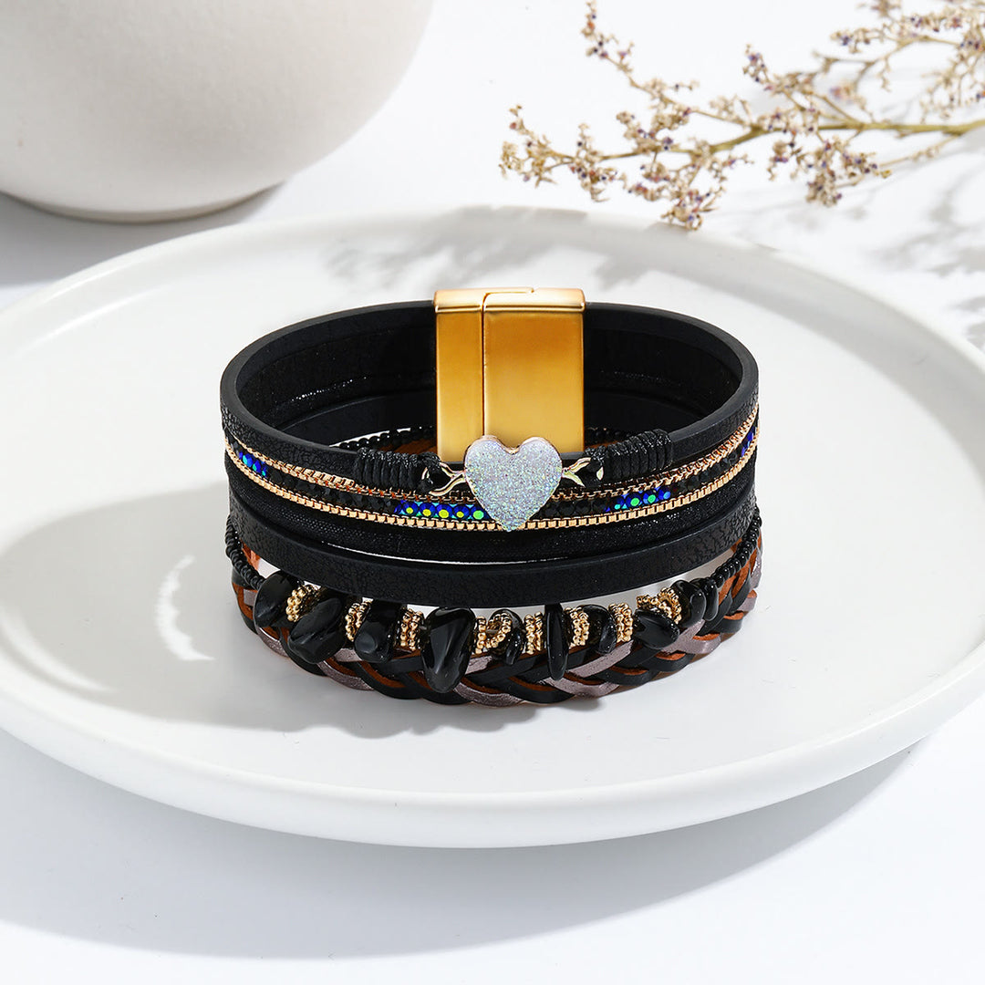 Bracciale in pelle con ciondolo a forma di cuore con perline di cristallo naturale Olivenorma