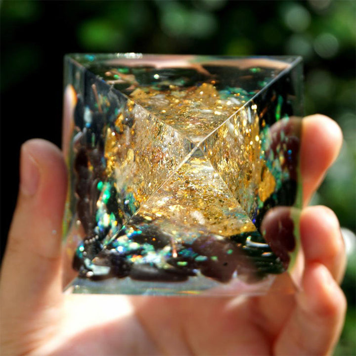 Olivenorma Ossidiana con Cristallo Trasparente Albero della Vita Piramide Orgonica 