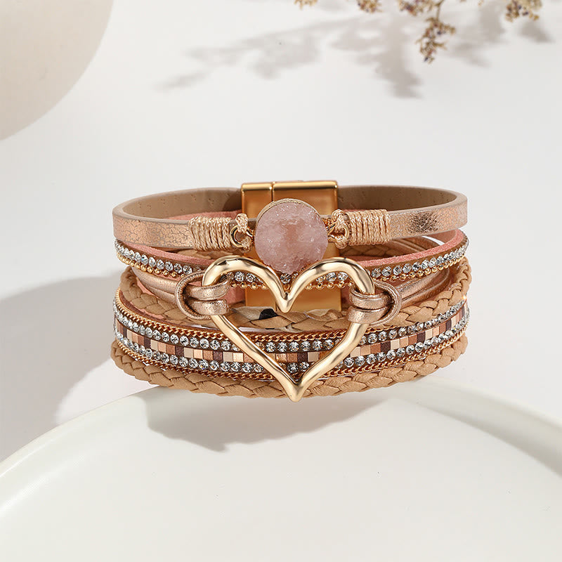 Olivenorma Bracciale in pelle intrecciata con cuore metallico e cristalli multicolori 
