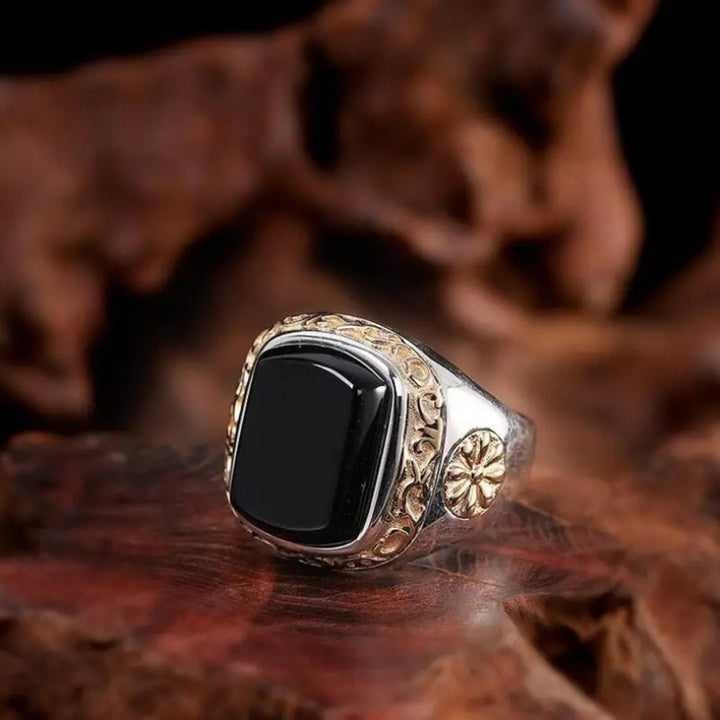 Olivenorma "Man Of Distinction" Anello con sigillo in ossidiana vintage da uomo 
