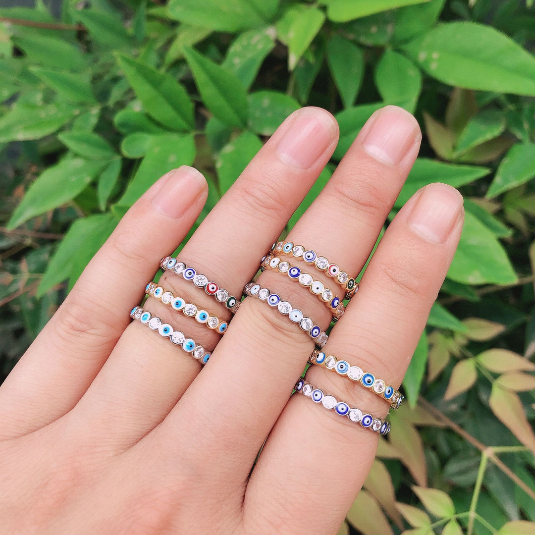 Olivenorma Anello regolabile con zircone bianco e colorato malocchio 