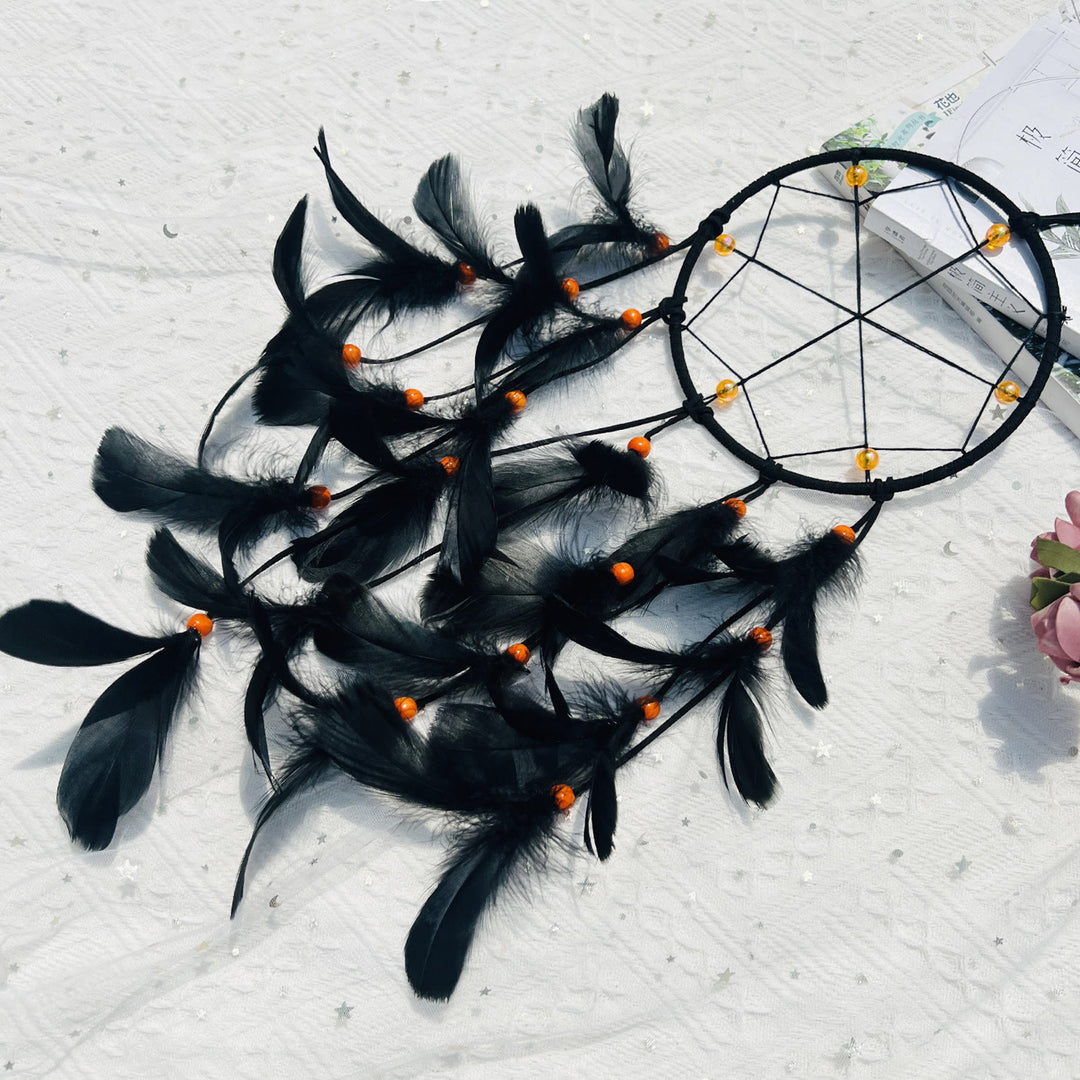 Olivenorma Piuma Nera Perline Arancioni Acchiappasogni di Halloween 