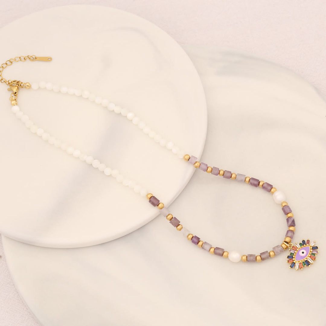 Collana con ciondolo in pietra di cristallo di perle naturali Olivenorma con occhio malvagio