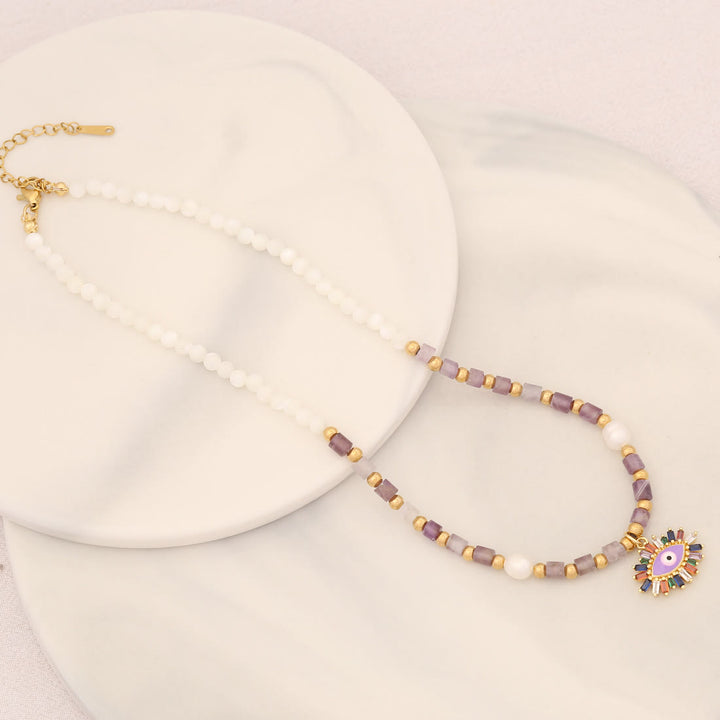 Collana con ciondolo in pietra di cristallo di perle naturali Olivenorma con occhio malvagio