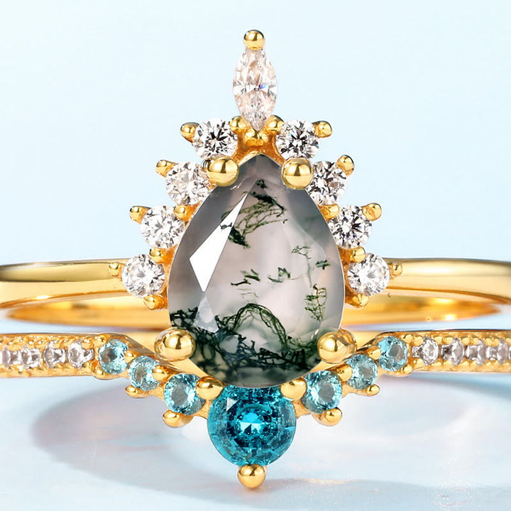 Anello in argento 925 con tormalina Paraiba e agata muschiata Olivenorma, 2 pezzi