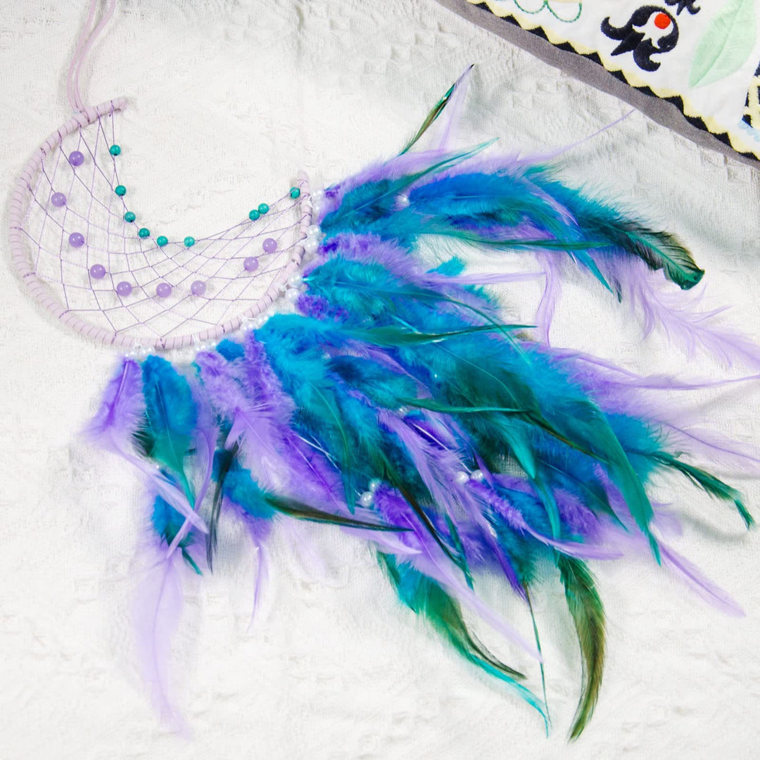 Olivenorma Acchiappasogni a forma di luna in giada viola turchese con perline fatto a mano 