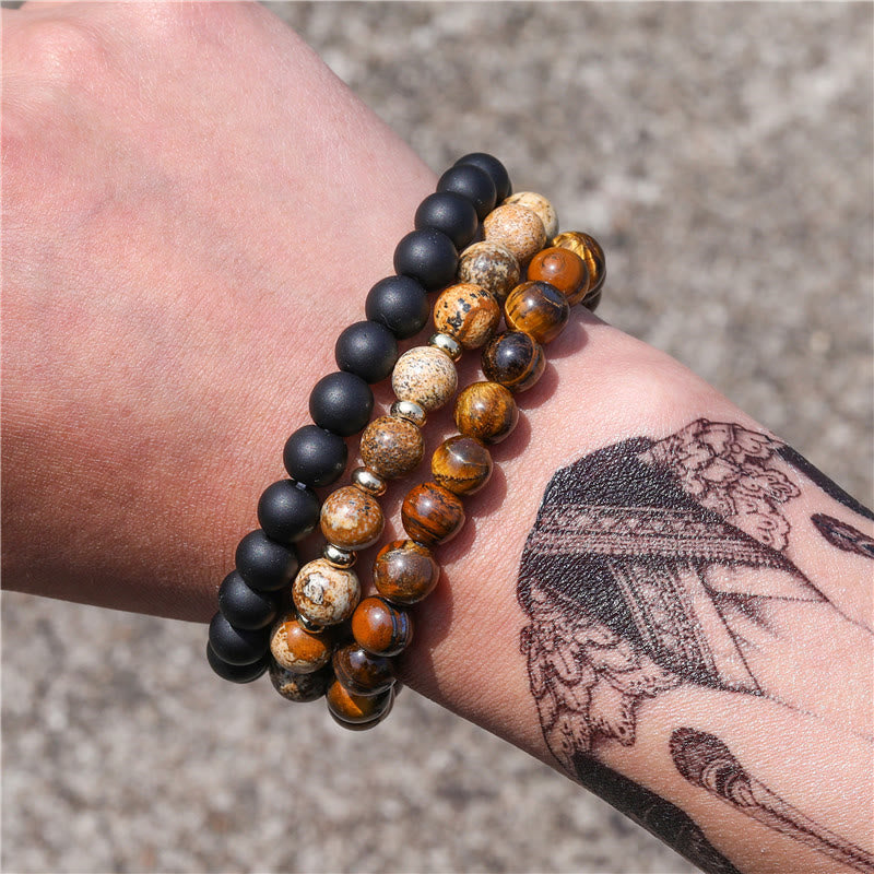 Olivenorma 3 pezzi Picture Jasper Tiger Eye Braccialetti di perline di onice nero
