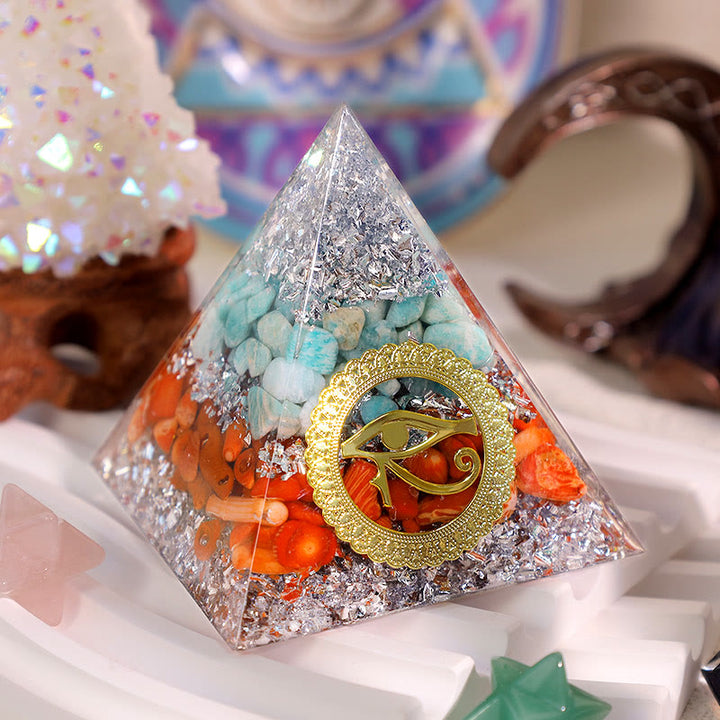 Olivenorma Amazzonite Corallo Rosso Occhio di Horus Piramide Orgonica