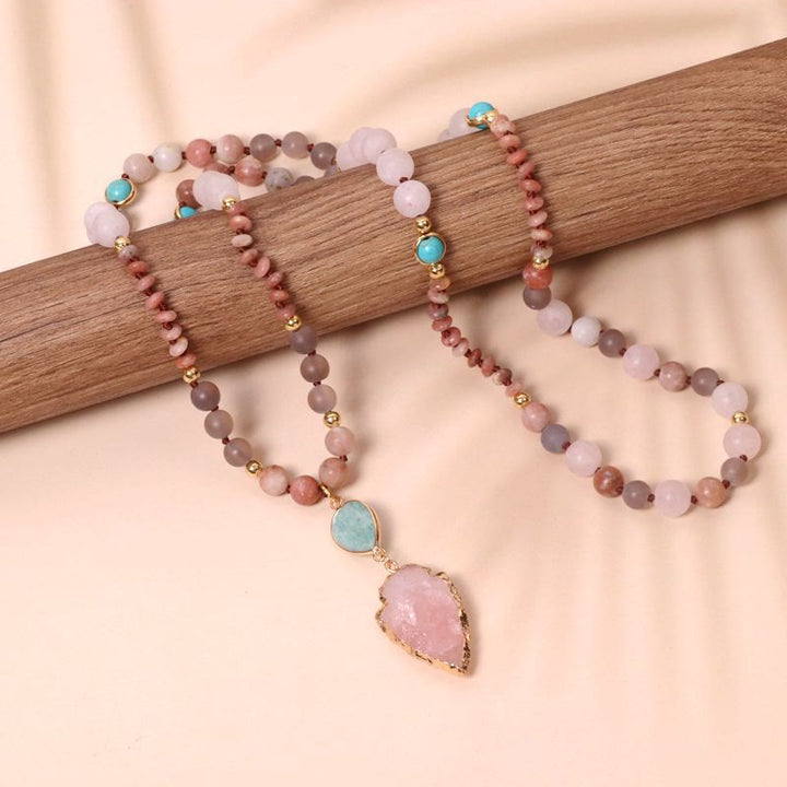 Collana con ciondolo a forma di freccia di preghiera Mala in quarzo rosa naturale 