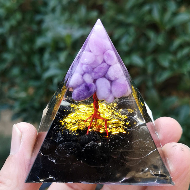 Olivenorma Piramide di Orgone con Albero della Vita in Ossidiana e Giada Viola 