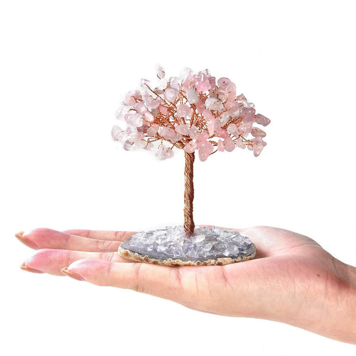 Albero Feng Shui in quarzo rosa Olivenorma con pietra preziosa naturale e base in agata