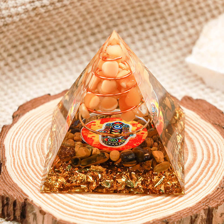 Olivenorma Sun Stone con occhio di tigre Hamsa Orgone Pyramid 