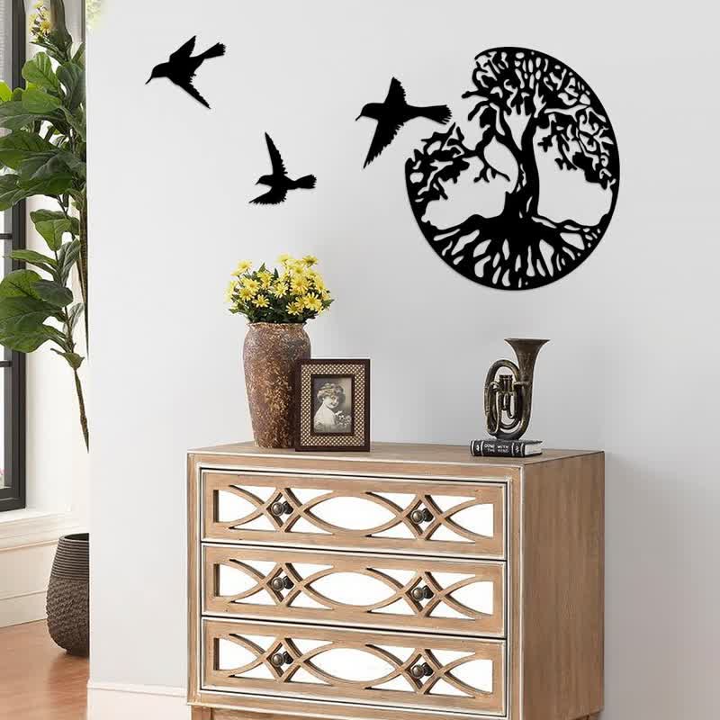 Decorazione da parete in metallo con albero della vita e tre uccelli