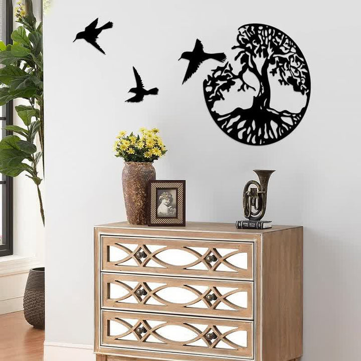 Decorazione da parete in metallo con albero della vita e tre uccelli