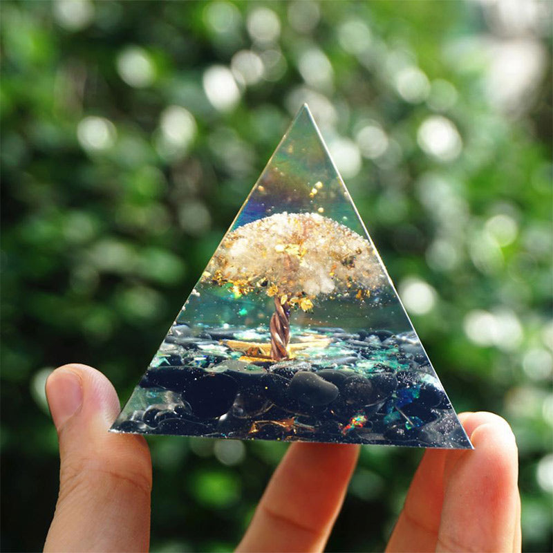 Olivenorma Ossidiana con Cristallo Trasparente Albero della Vita Piramide Orgonica 