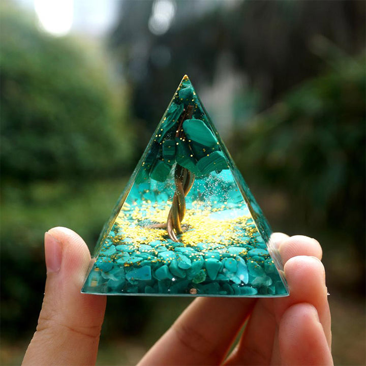 Malachite Olivenorma con piramide di orgone albero della vita turchese 