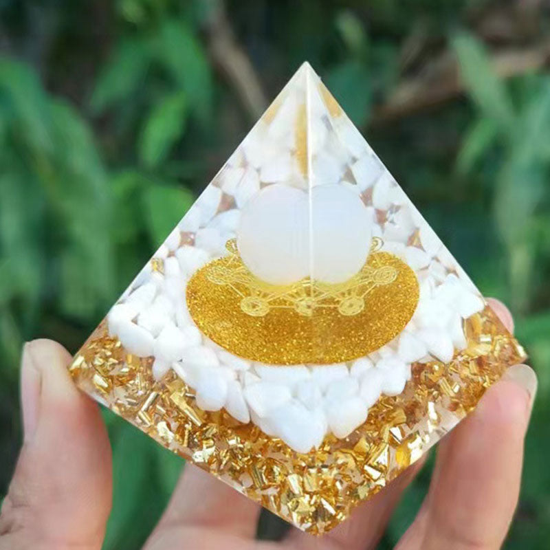 Olivenorma Agata bianca Quarzo ialino Cubo di Metatron Simbolo Piramide di Orgone