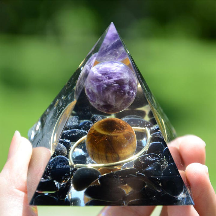 Sfera di ametista Olivenorma con piramide di orgone in ossidiana occhio di tigre 