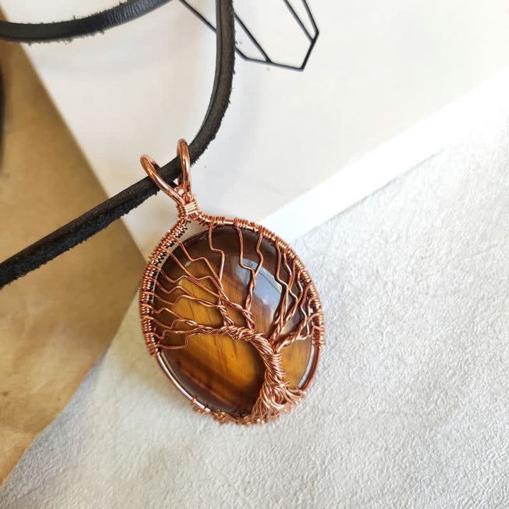 Collana con pietra preziosa ovale in occhio di tigre e albero della vita Olivenorma 