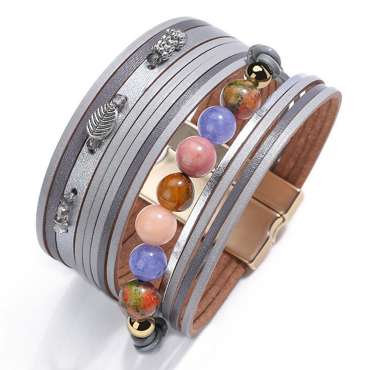 Bracciale multistrato in pelle con perline di cristallo naturale Olivenorma 