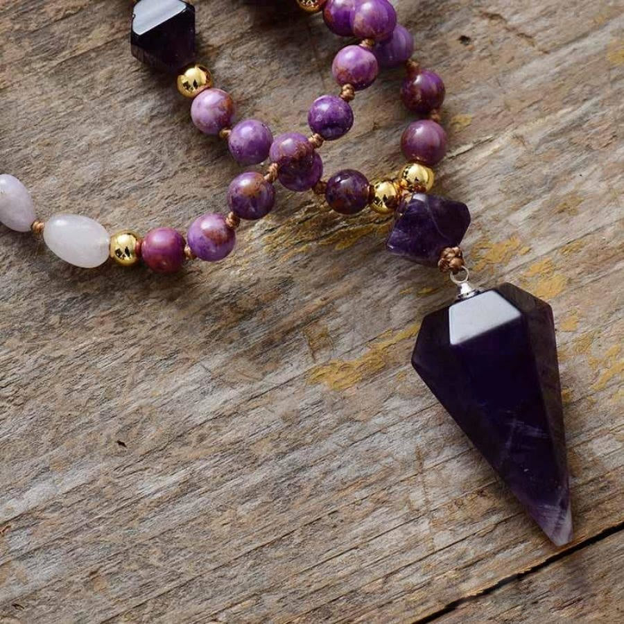 Collana Mala con perline di giada viola e ametista naturale Olivenorma