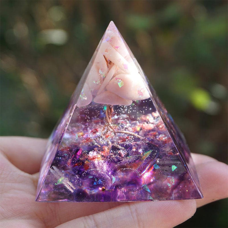 Olivenorma Albero della vita Piramide di orgone in opale rosa con ametista 
