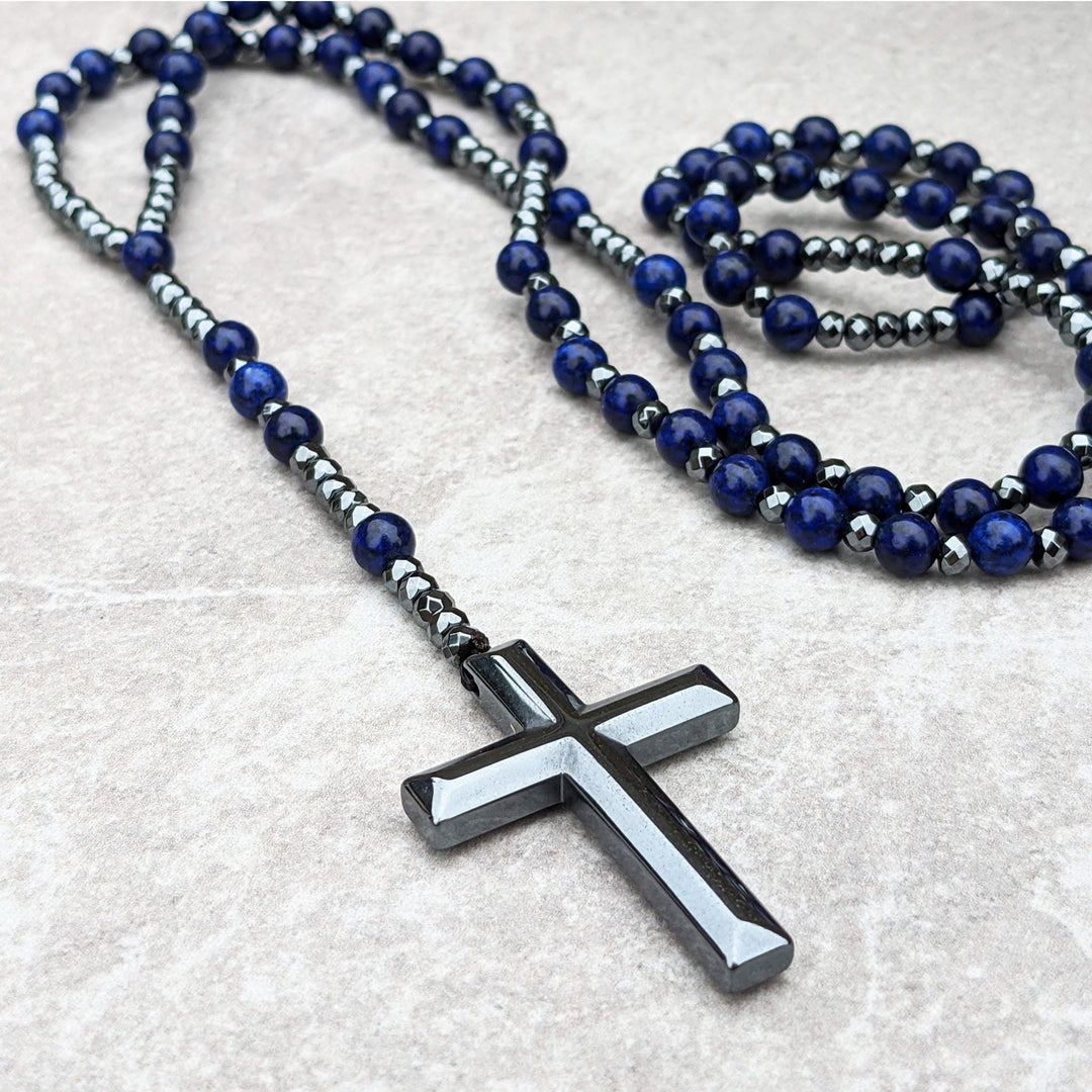 Collana rosario da uomo con croce in lapislazzuli e occhio di tigre Olivenorma
