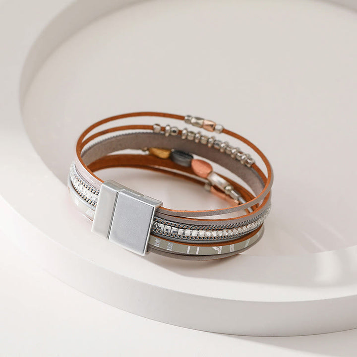 Bracciale in pelle a più livelli con foglia di zircone bianco ematite Olivenorma 