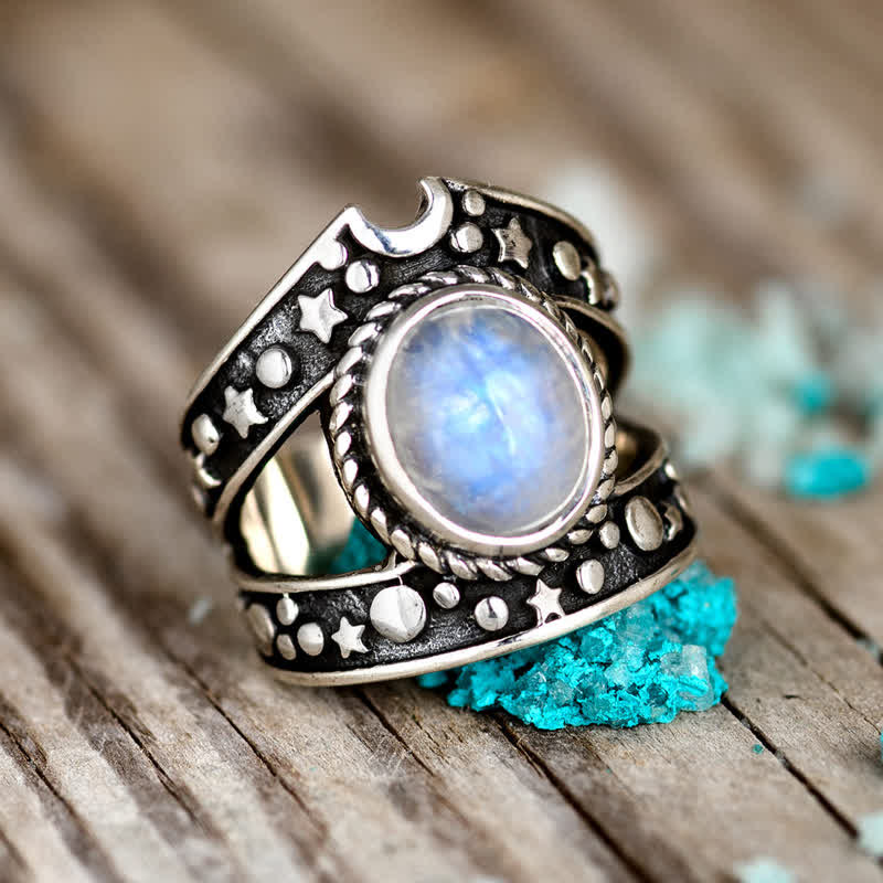 Anello Olivenorma Bohemia Retro Moonstone Moon Star