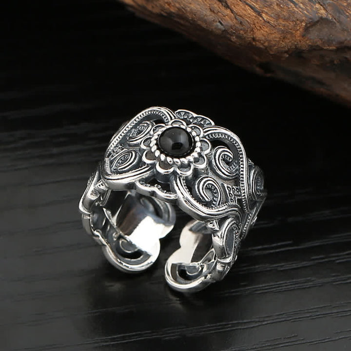 Anello regolabile con motivo etnico in onice nero Olivenorma