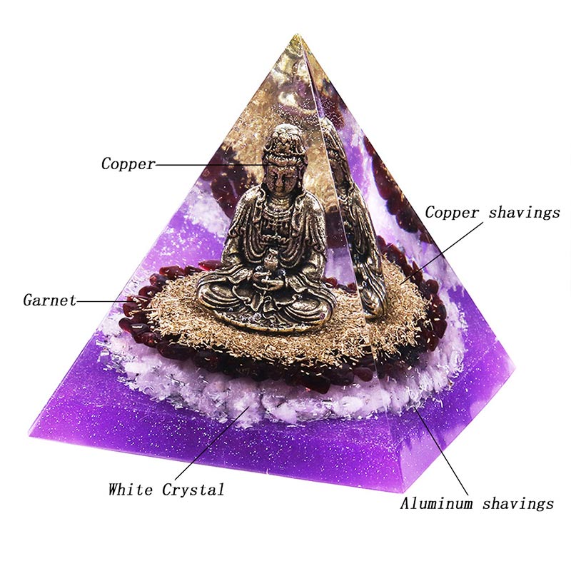 Granato Olivenorma con piramide di orgone di cristallo trasparente