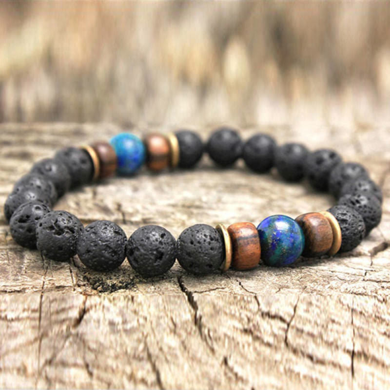 Olivenorma Bracciale da uomo in pietra naturale con perline di legno da 8 mm
