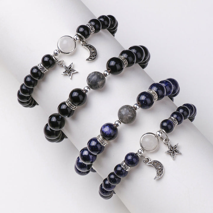 Bracciale Olivenorma in pietra arenaria blu con ossidiana, stella e luna da 6 mm 