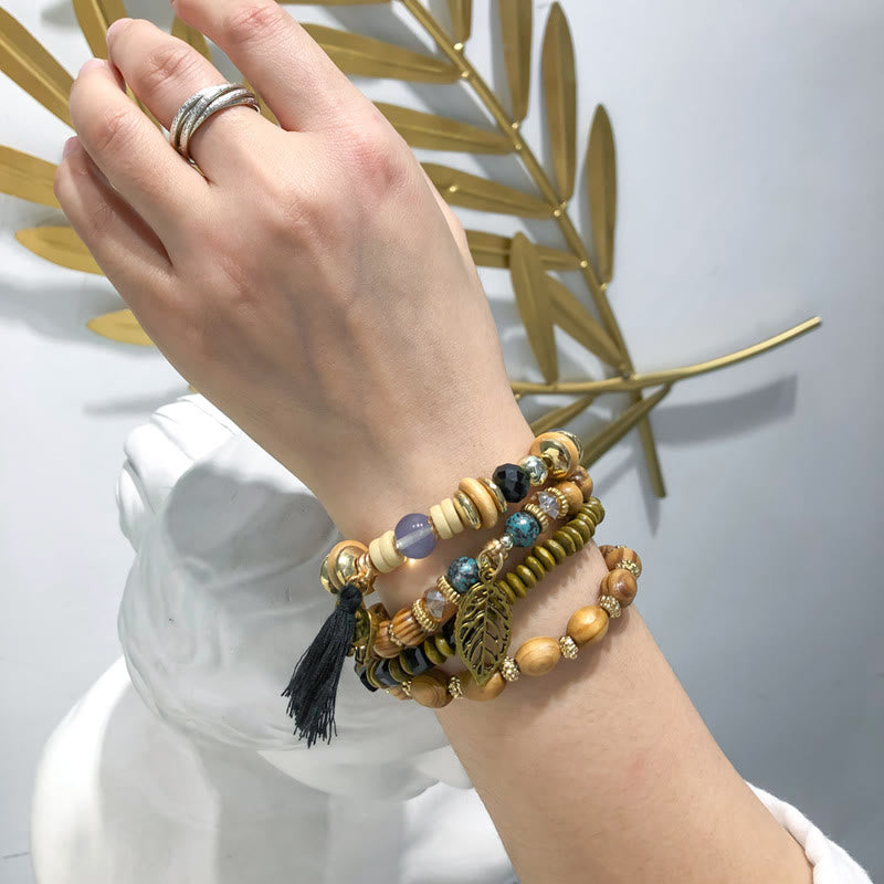 Olivenorma Bohemia Elephant Leaf Tassel Pendant Bracelet Set 