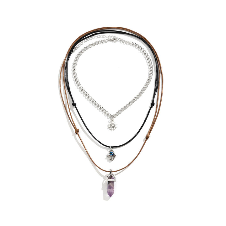 Set di collana Olivenorma multistrato retrò Hamsa Evil Eye e Sun Ametista Colonna 