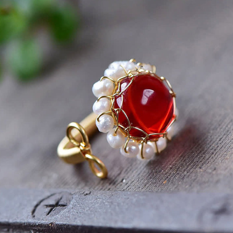 Anello di guarigione in quarzo rosso con perla