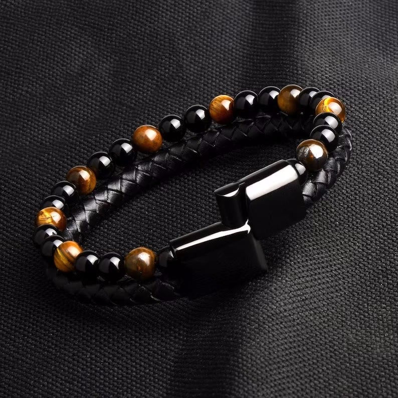 Bracciale Olivenorma in pelle di occhio di tigre naturale a doppio strato 