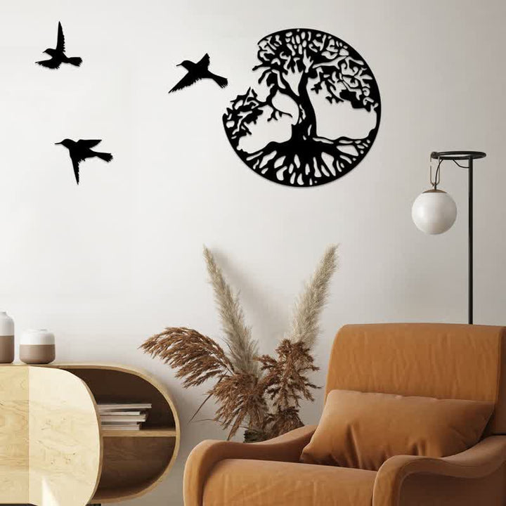 Decorazione da parete in metallo con albero della vita e tre uccelli